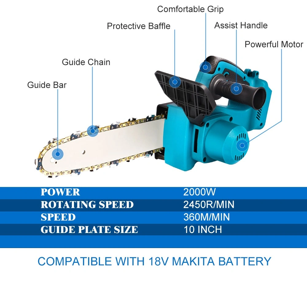 10 Inch Electric Saw Chainsaw 2000W Rechargeable Brushless Motor Woodworking Cutter Garden Tool for 18V Battery